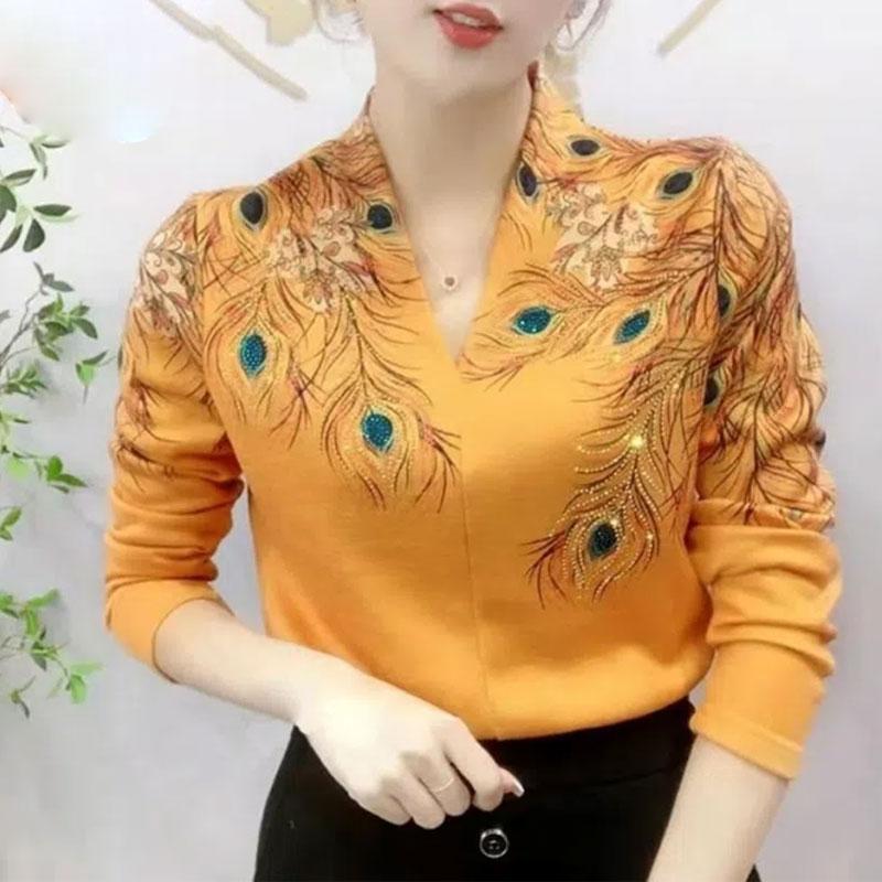 Feather Printed Casual Pullovers Autumn Winter Fleece Thick All-match Warm Chic Diamonds V-Neck Long Sleeve Tops