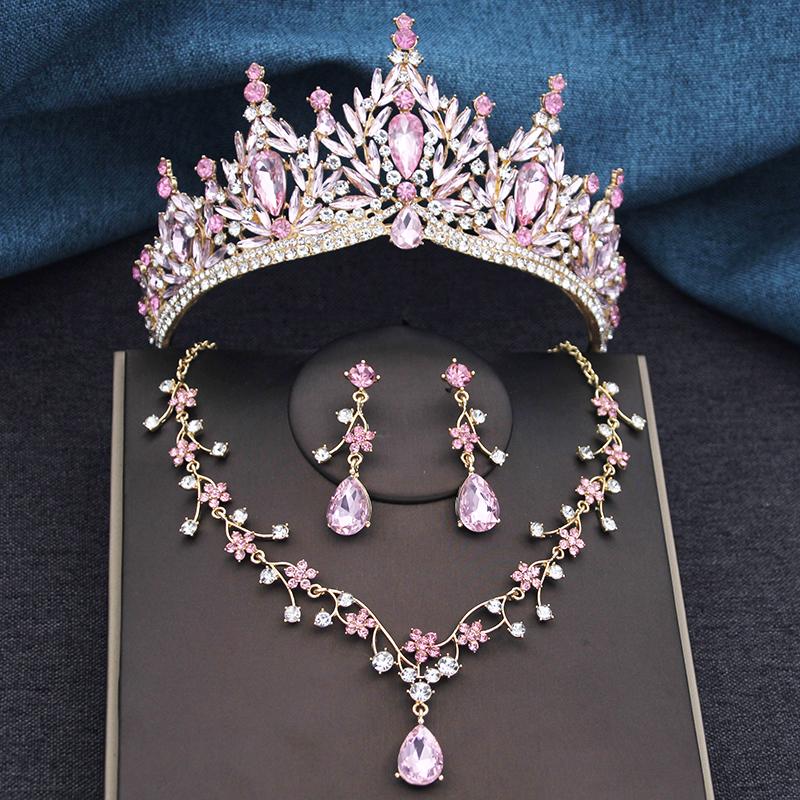 3Pcs Princess Crown Bridal Jewelry Sets for Women Tiaras and Flower Choker Necklace Earrings Wedding Dress Bride Jewelry Set
