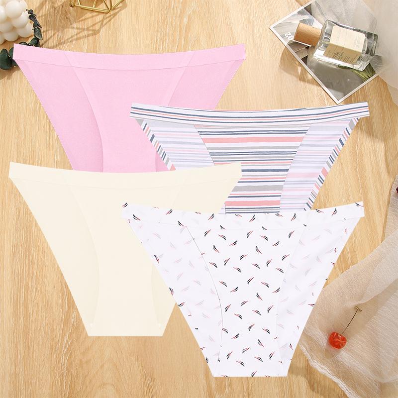 4Pcs/Set Sexy Women Ice Silk Low-waist Panties Female Traceless Briefs Ladies Comfortable Lingerie G-String Underpants