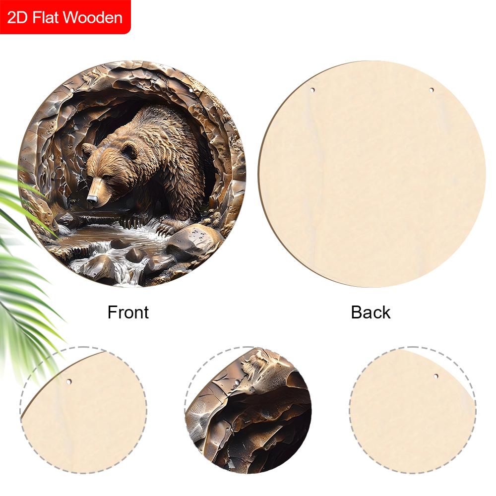 Rustic Wooden Sign with Bear Pattern - Charming Round Sign for Front Door, Wall Hanging Decor - Ideal Gift for Friend