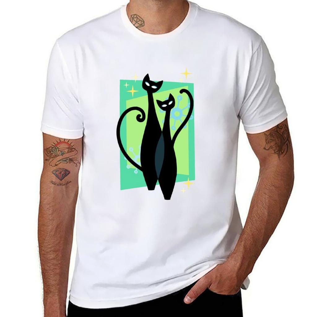 Sassy Sparkling Atomic Age Black Kitschy Cats TShirt Lightweight Print TShirt