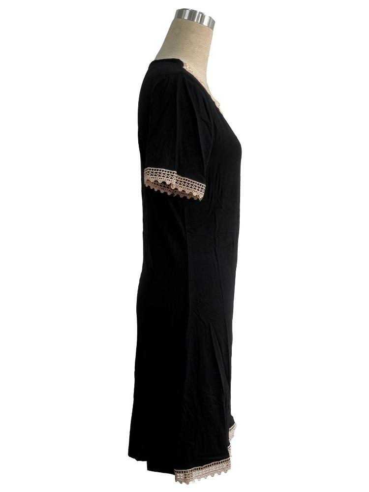 V Neck Lace Trim Patchwork Solid Color Short Sleeve Long Slim Fit Flattering Bodycon Dress Versatile Mature Style Retro Sexy Elegant Women Dress