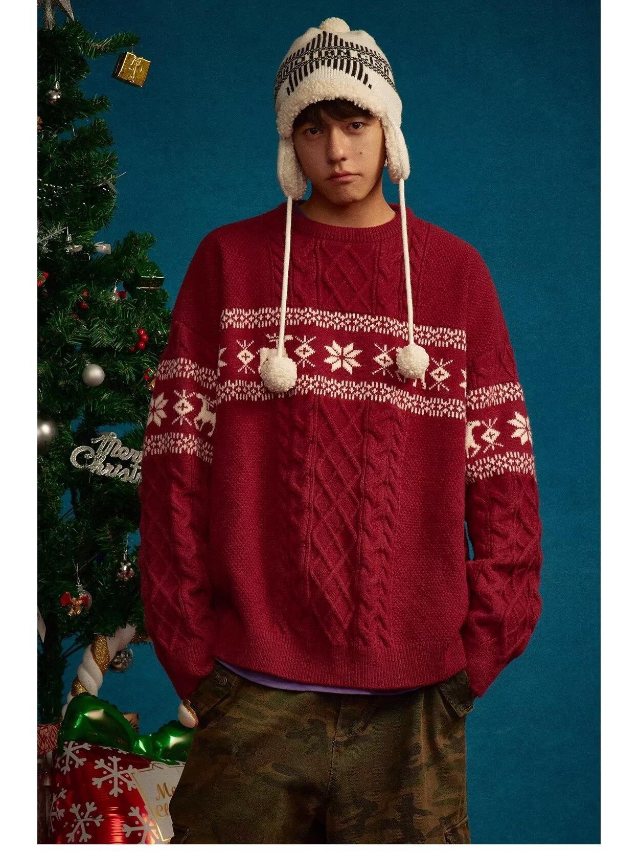 Men s Red Year of the Rat Knitted Sweater - Japanese Retro Autumn Loose Fit Pullover XL