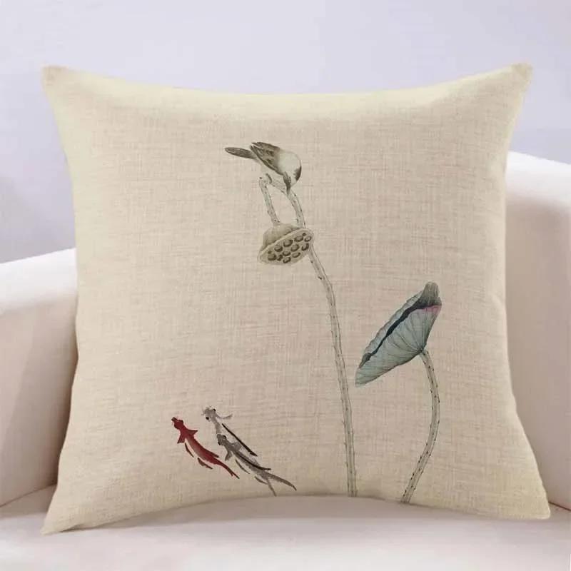New Lotus Cushion Cover Printed Linen Pillow Cover Chinese Style Home Pillow Cushion Cover Sofa Living Room Beige