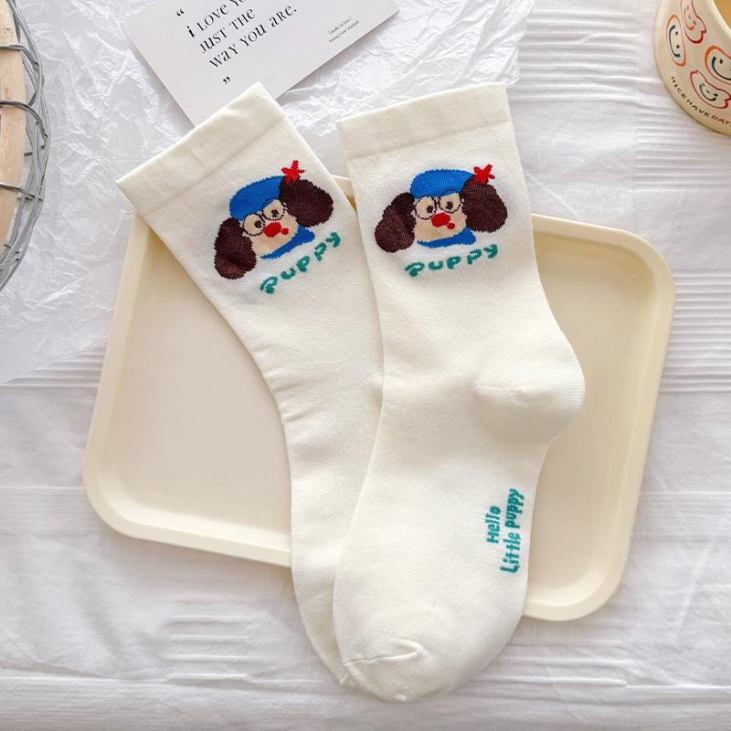 Female Spring and Autumn Cartoon Dog Cute Illustration White Loose Mouth Tube Cotton Socks