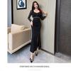 Sexy low-cut diamond-encrusted mesh with split ends and slim-fitting long hip-wrapped dress, foot-length dress, work clothes.
