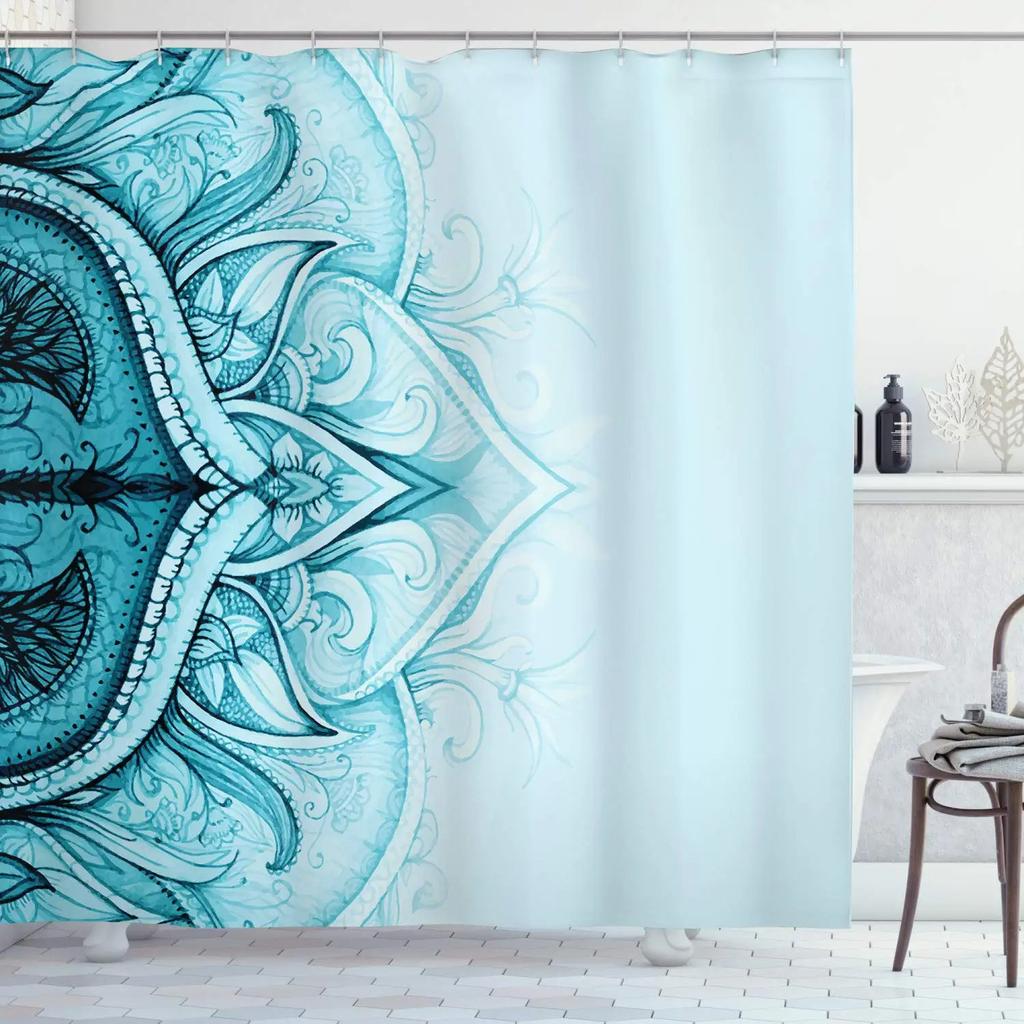 Mandala Shower Curtain,Vintage Cosmos Oriental Breeze Pattern Swirled Floral Leaves Cloth Fabric Bathroom Curtain Set with Hooks