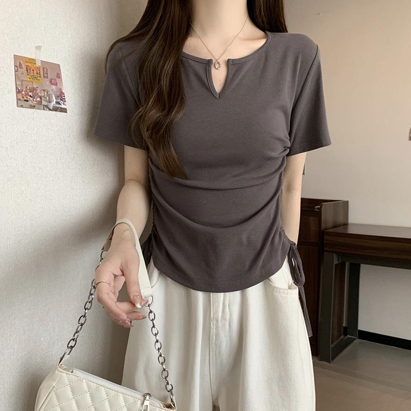 Design-sensual Drawstring Slim Short-sleeved T-shirt with Waist-exposed Sweet and Spicy Style Women's Summer New Sweet Shoulder Top