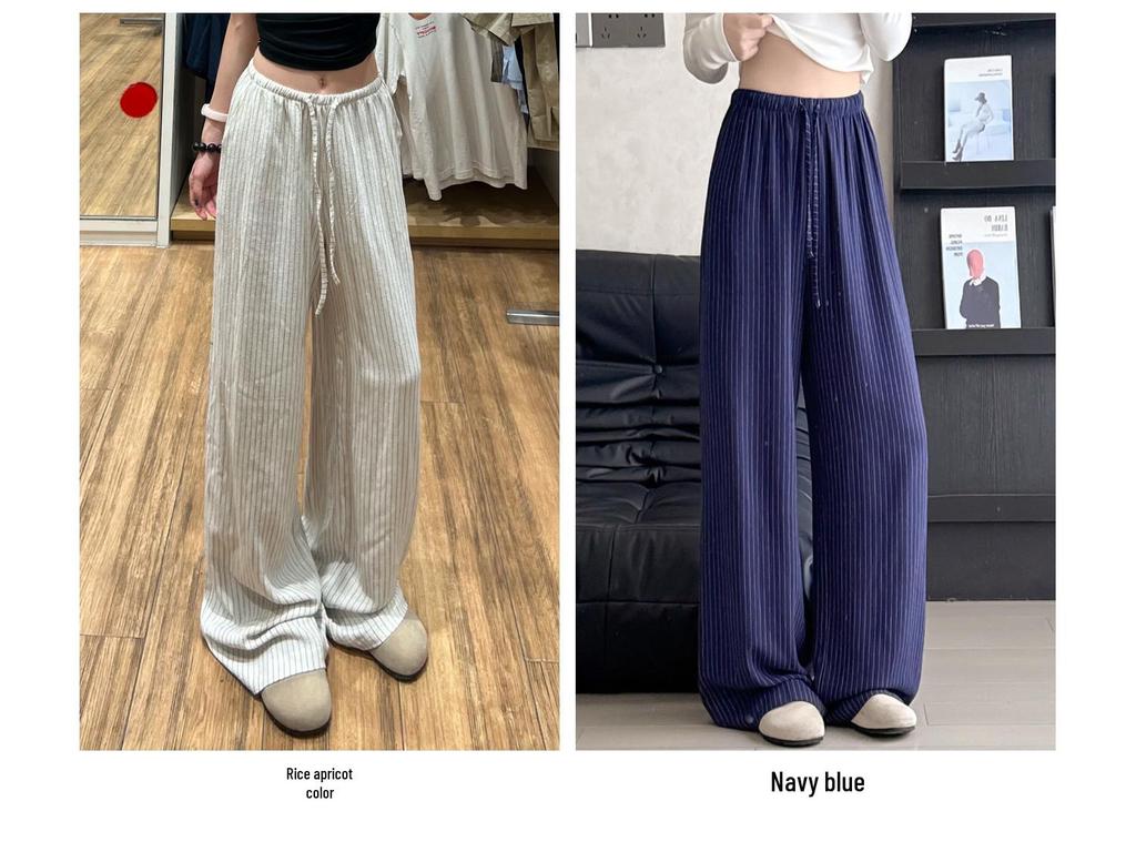 Apricot Striped Linen Wide-Leg High-Waisted Pants for Women - Slimming, Loose, and Casual for Spring 2026.