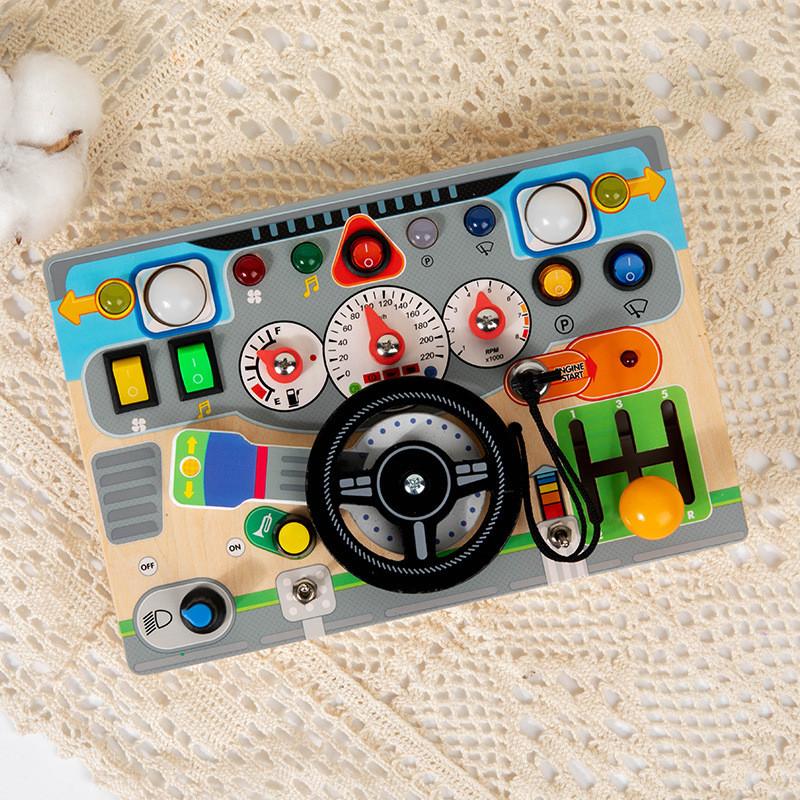 Busy Wooden Toddlers Board Learning Toy Game With Electronic Wheel Steering