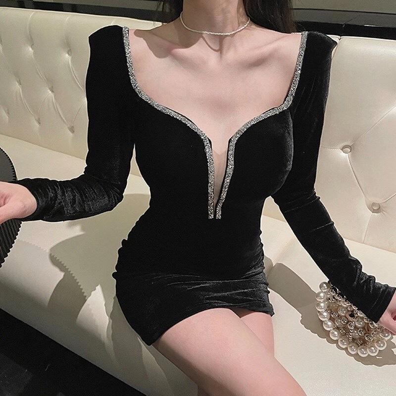 Korean high-end French romantic mesh splicing dress dress, celebrity slim-fitting sexy velvet dress, short dress tide S чёрный