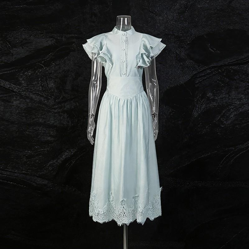 

Retro Romantic Dress Set Women s Single-breasted Fly-sleeve Top + High-waist Slimming A-line Skirt XL зелений