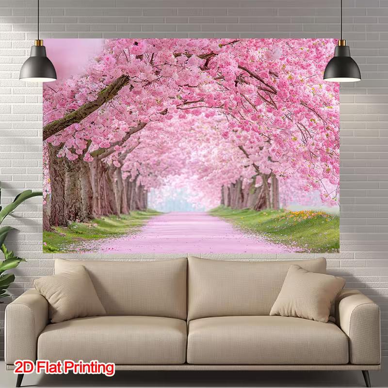 2D Flat Print Cherry Blossom Tapestry, Sakura Tree Tunnel Wall Backdrop for Photoshoot
