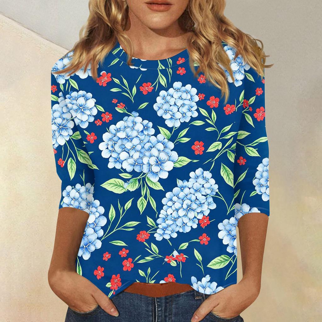 Damen Freizeit Oberteil mit Blumendruck, Dreiviertelärmel, Rundhalsausschnitt, Leicht, Bequeme Passform, Stilvolles Design, Geeignet für den Alltag