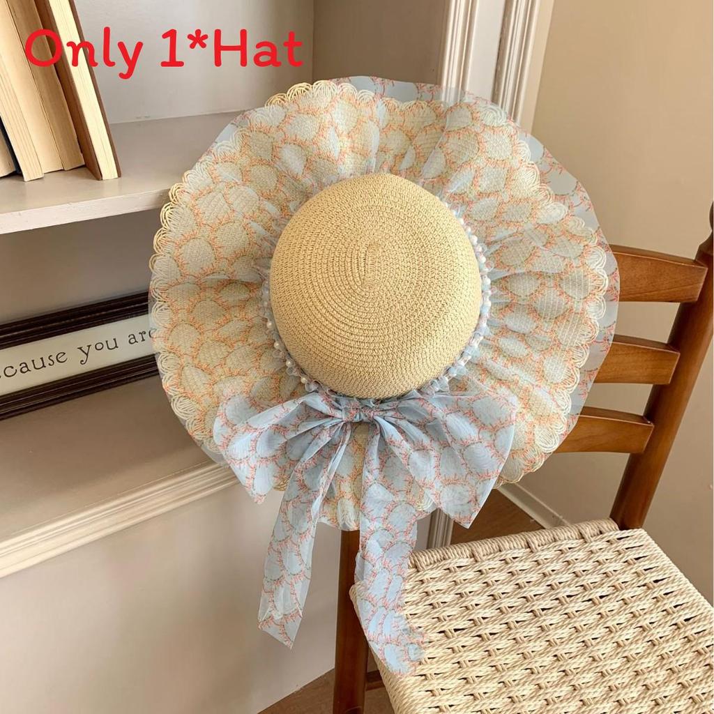 Forest Style Straw Hat With Large Brim And Pearl Butterfly Bow For Summer Beach Sun Protection