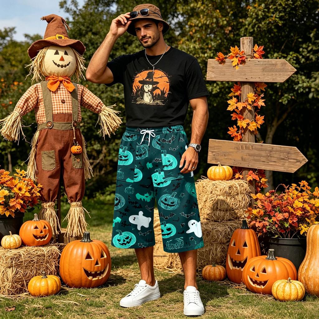Men's Loose Fit Halloween Print Cargo Shorts with Large Pockets