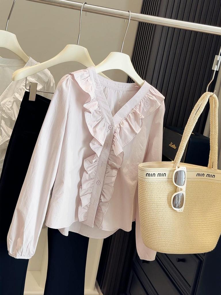 Women's Spring 2026 Ruffle V-Neck Shirt - Fashionable Age-Reducing Slimming Long Sleeve Top