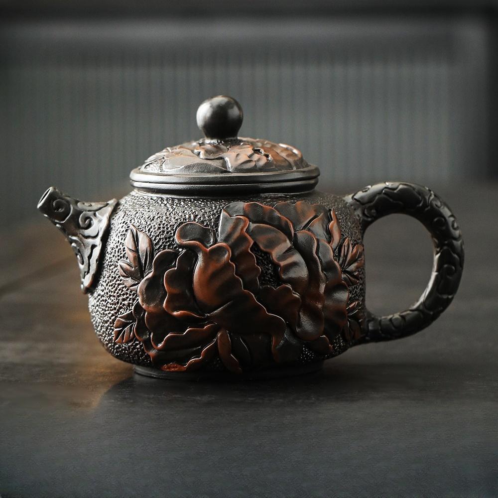 Jianshui Clay Purple Pottery Carving  Lotus Teapot Hand Painted Antique Relief Teapot Household Teapot Kungfu Tea Set Kettle