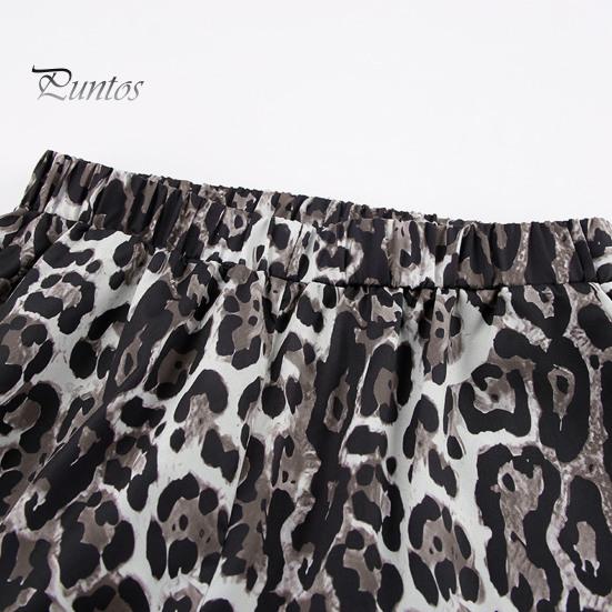 Women Long Pants Elastic High Waist Wide Leg Trousers with Pockets Leopard Print High Street Style Casual Pants