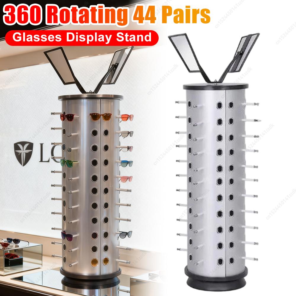 360° Rotating Eyeglasses Display Stand 44 Pairs of Eyeglasses Display Rack with 2Mirrors for Displaying/Storing Glasses