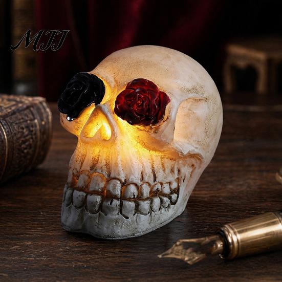 Durable Skull Light Gothic Up Rose Flower Figurine, Day of Dead Resin Cool Pattern Lamp Statue, Spooky Halloween Skeleton Head for Desk Home