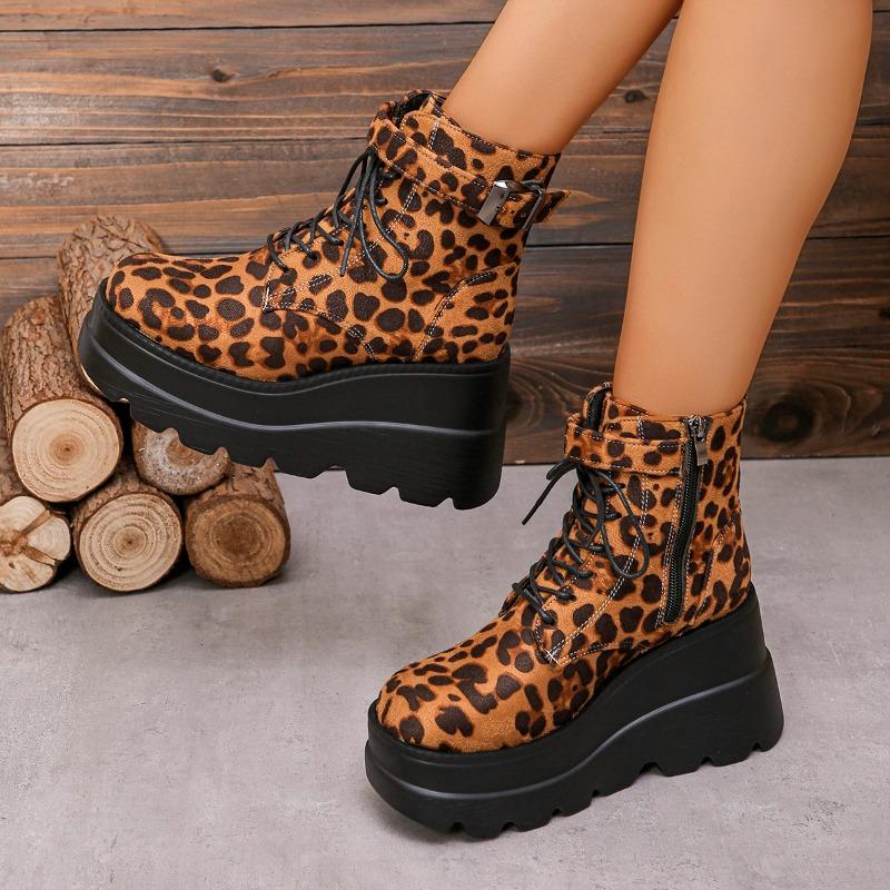New Popular Lace Up Zipper Women Boots Round Toe Mixed Colors Leopard Print Platform Water Proof Boots Shoes for Women