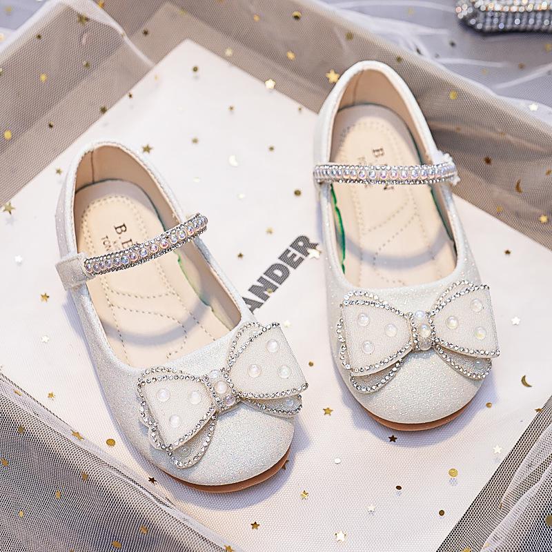 

Туфли из кожи с кристаллами и бантом для девочек — новинка 2025 года, весна/осень, мягкая подошва, стиль принцессы 27