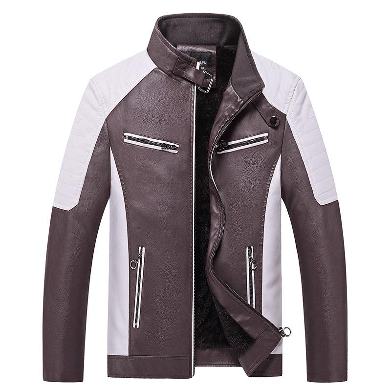 

Men s Autumn and Winter Fashion Locomotive Color Matching Leather Jacket Stand-up Collar Jacket XXXXL кавовий