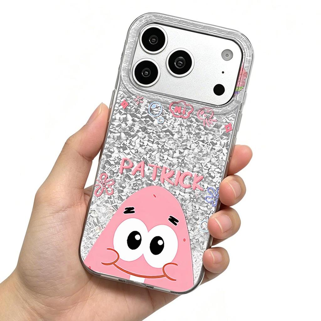 Case for Iphone XS Max 12 15 17 Pro 11 Air 18 Pro Max 13 14 16 Plus XR Silver Glitter Crackle Background Pouting Patrick