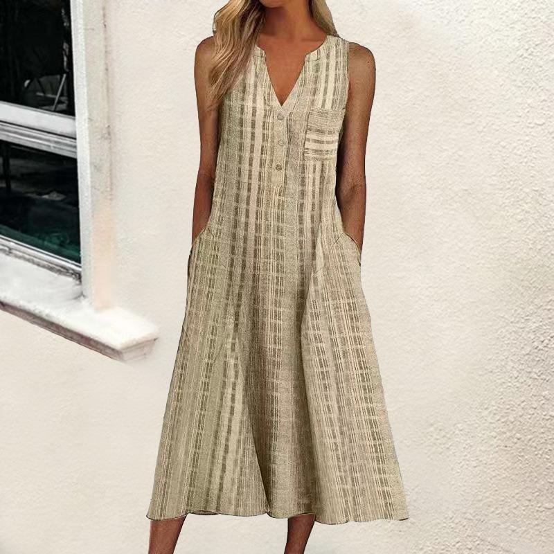 Summer Fashion Print V-neck Plus Size Dress Women Pocket Striped Sleeveless Casual Dresses Women Solid Elegant Loose Dress Lady 24260