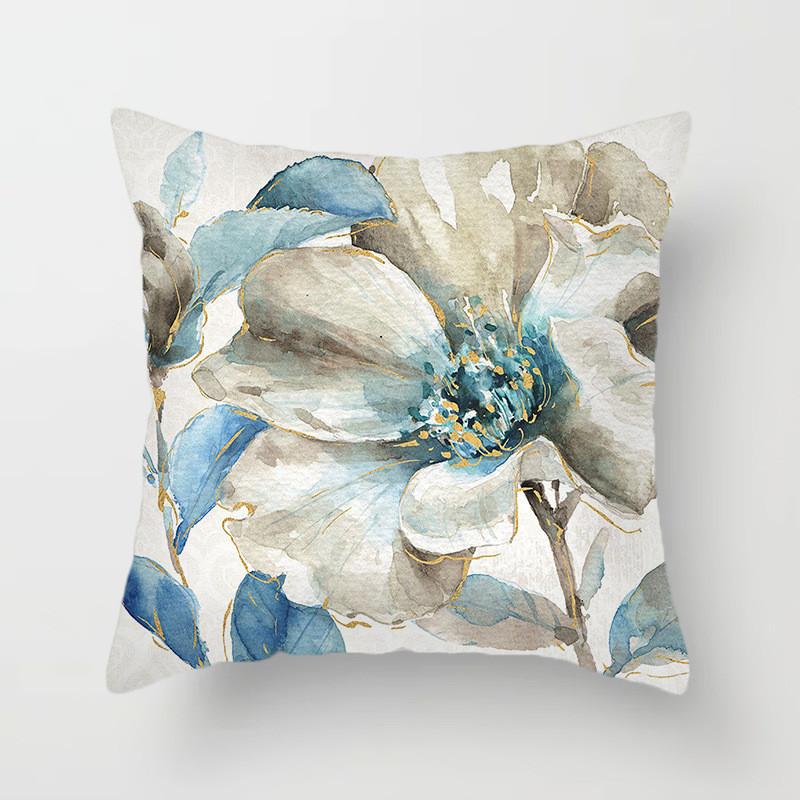 Blue flower and bird printed polyester square cushion cover for home living room sofa office decoration waist cushion pillowcase