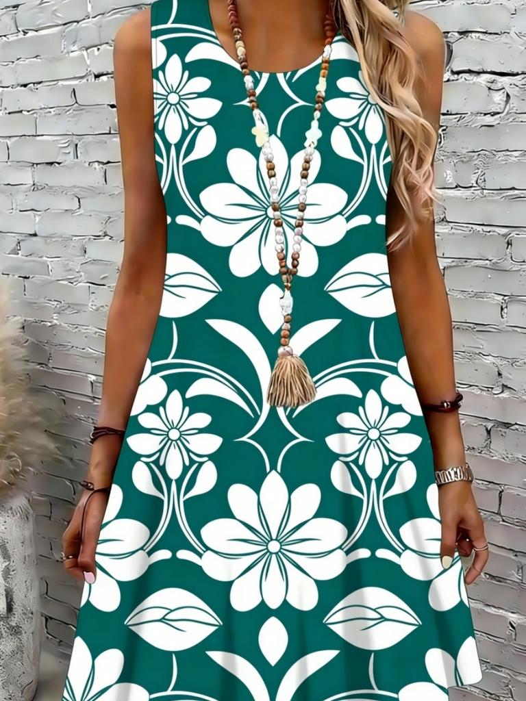 Women's Floral Print Round Neck Dress, Fashion Casual Sleeveless Short Dress for Daily Outdoor Wear, Ladies Dress for Summer
