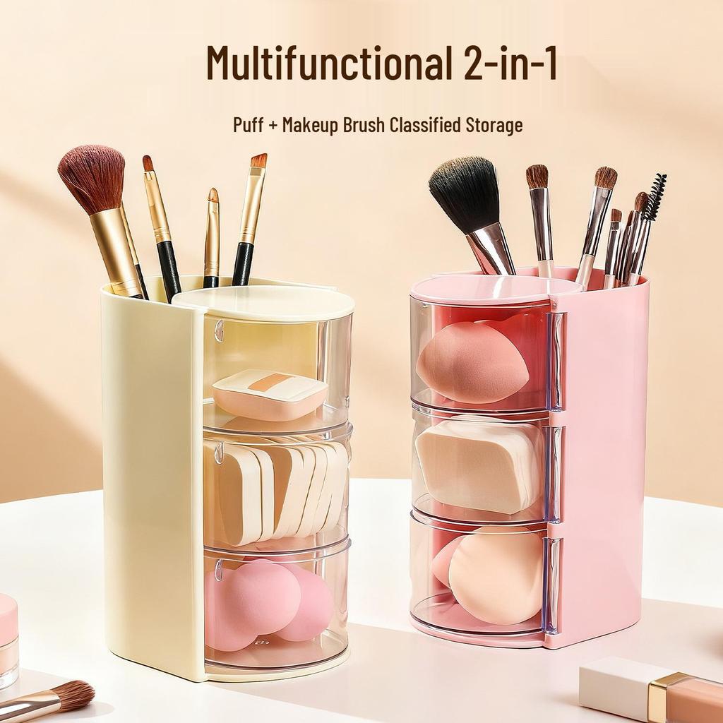 Drehbarer staubdichter Make-up-Organizer mit Puderquasten-Aufbewahrung, Lippenstifthalter und Pinselständer