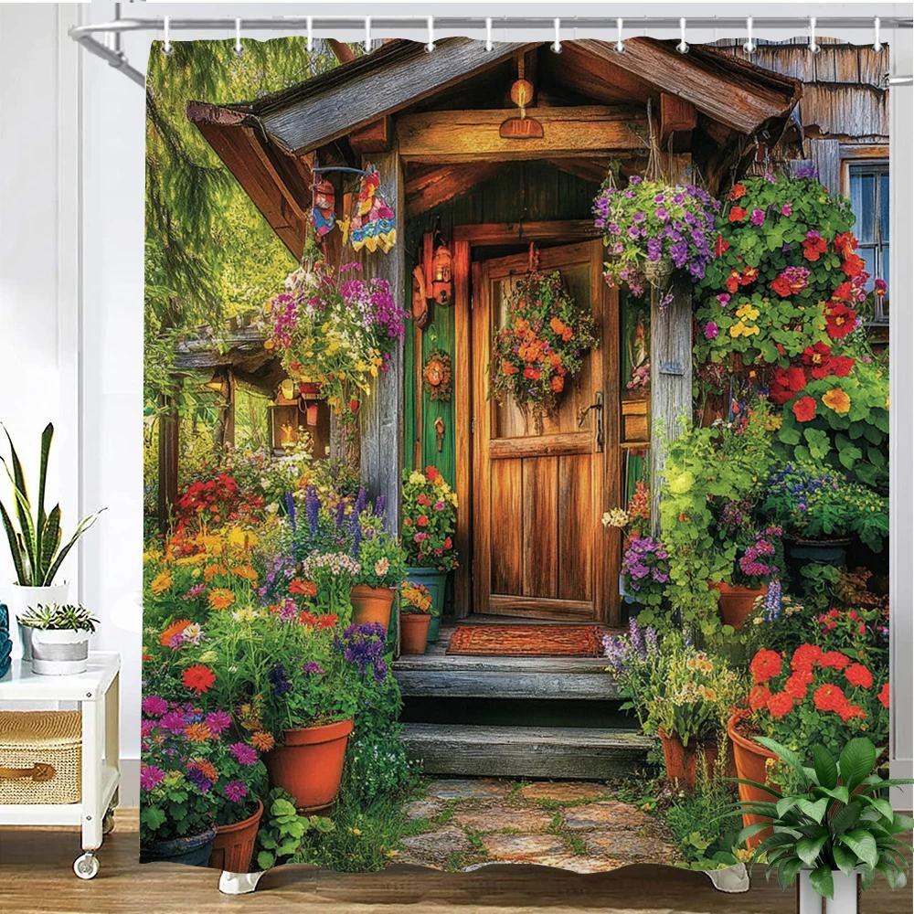 Beautiful Country Garden Flowers House Style Printed Fabric Shower Curtain Bathroom Curtain,home Decoration Curtain with Hooks