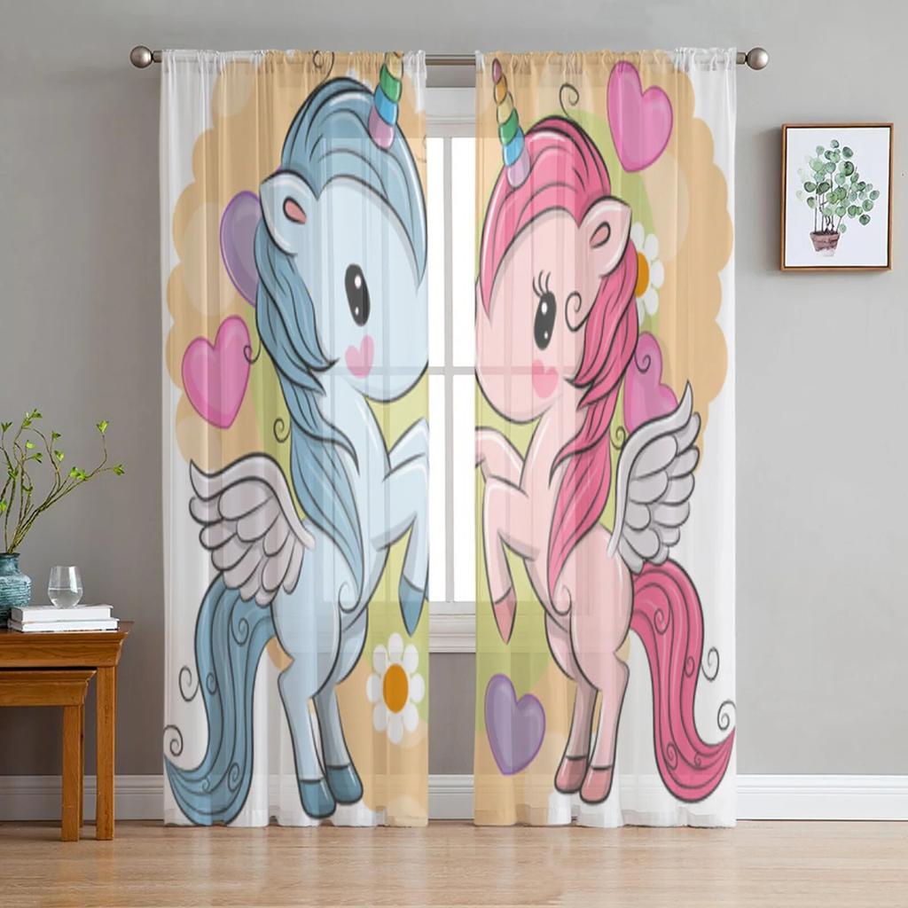 Animal Cartoon Unicorn Sheer Curtains for Living Room Bedroom Tulle Curtains Kitchen Window Treatments Panel Drapes