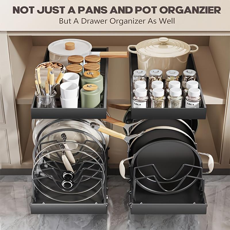Pull Out Pot Lids Organizer Rack, 2pcs Pots and Pans Organizer for Under Cabinet, Pot Lid Holder with 8 Adjustable Compartment for Kitchen Cabinet
