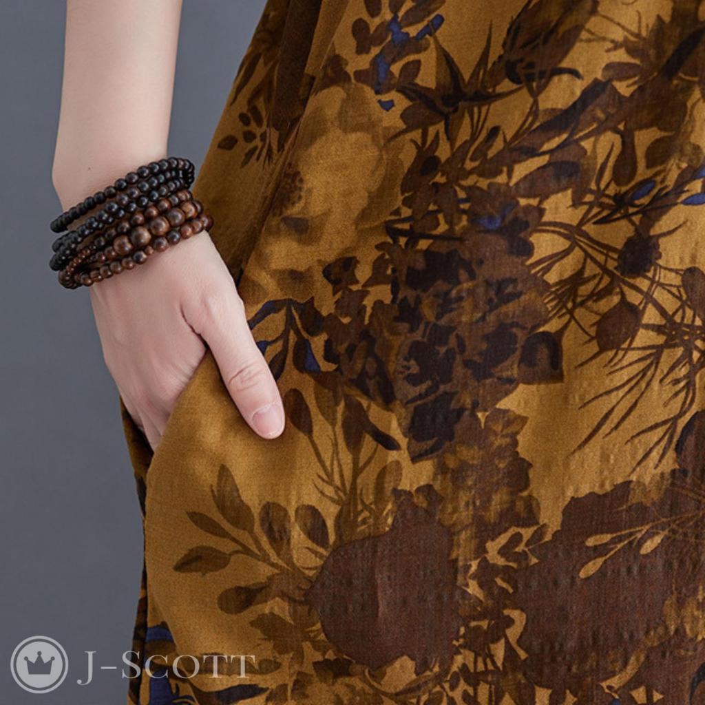 J-Scott Long Dress, Floral Print, A-Line Silhouette, 2-Way, Loose Fit, Brown, JS07-BR-2XL (Limited Stock)