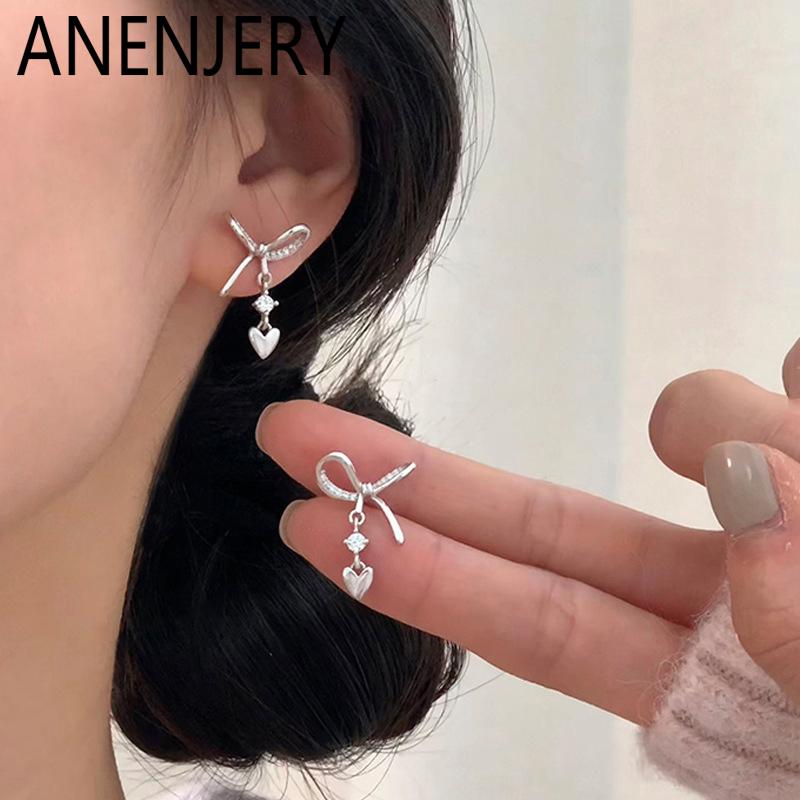 ANENJERY Bowknot Heart Zircon Pendant Earrings for Women Sweet French Delicate Luxury Design Simple Jewelry Gifts Wholesale