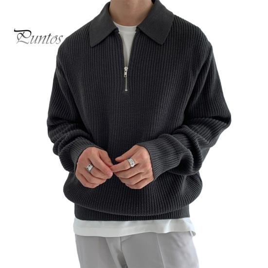 

Осень-зима мужской свитер с отложным воротником и полумолнией, длинные рукава, однотонный свободный трикотажный топ, повседневная одежда, школьный рабочий трикотаж 3XL чёрный