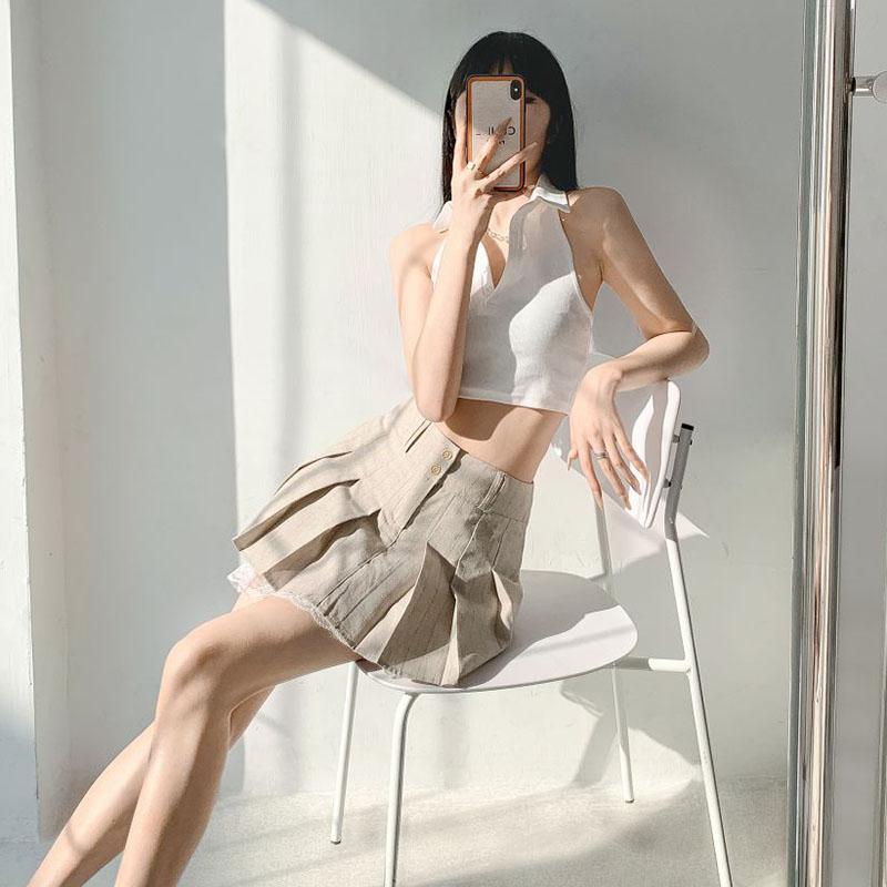 Spitzenbesatz Plisseerock Damen Pure Desire Hohe Taille A-Linie Eingebaute Shorts Hotsweet American Hottie Preppy Style Frühling Sommer