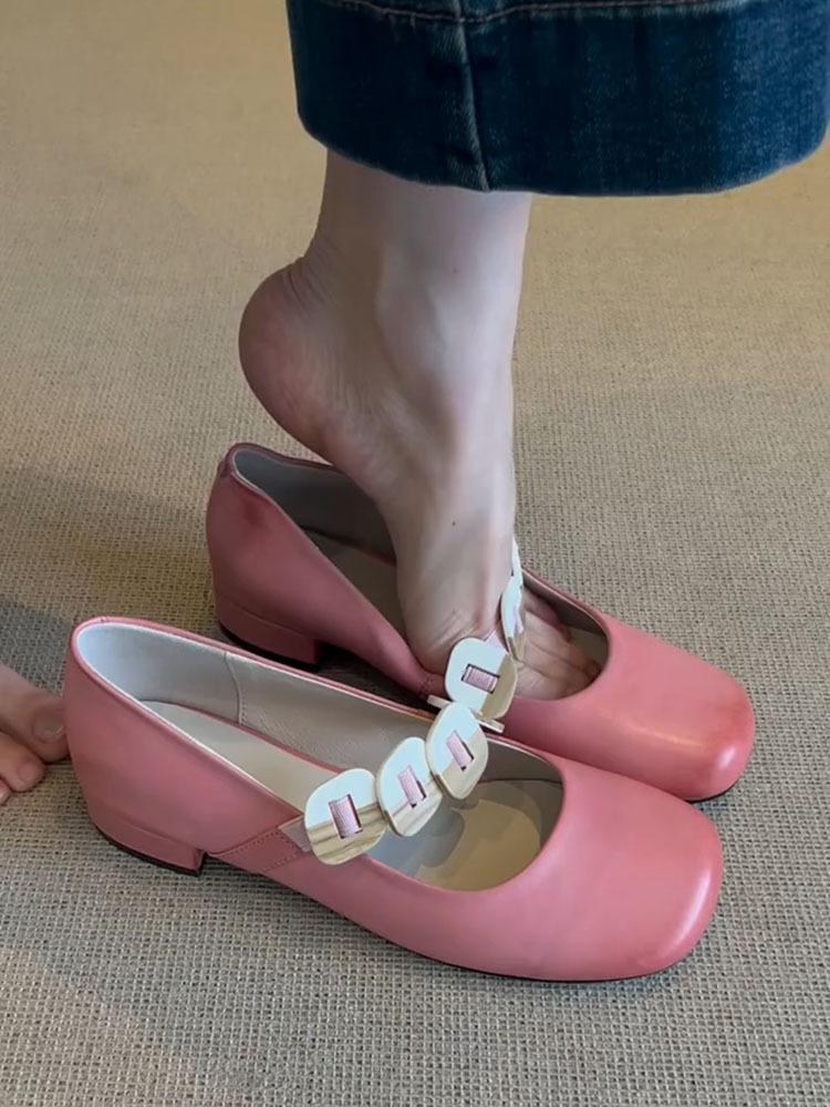 Sheepskin Version~ Genuine Leather Retro Mary Jane Shoes Women's Round Head Versatile Commuter Gold Buckle Shoes Shoes Light Mouth Small Leather Shoes