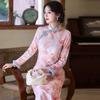 Womens Winter Warm Chinese-Inspired Long Sleeve Cheongsam Dress Pink Floral Jacquard Lined Vintage Style
