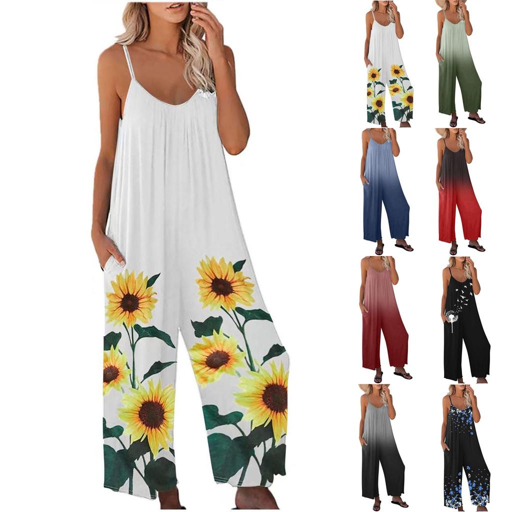 Mono sin mangas para mujer Casual Holgado Pierna ancha Mono Pantalón largo con bolsillos Tirantes finos ajustables Atuendo de verano