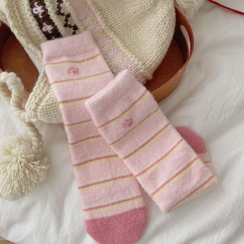 Winter Fleece Thickened Socks - Soft and Warm Mid-calf Socks in Pink, Cute Cartoon Design, Australian Wool Fluffy Socks