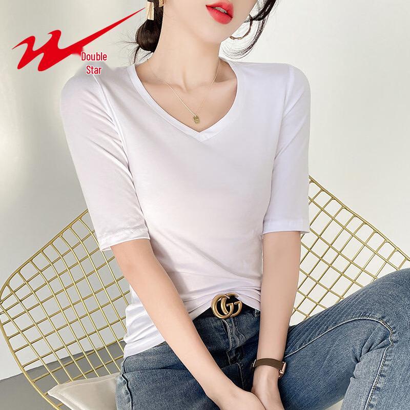Women's V-Neck Slim Fit Mid-Sleeve T-Shirt