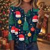 Women's Fashion Casual Christmas Print V-Neck Button Three-Quarter Sleeve T-Shirt Top