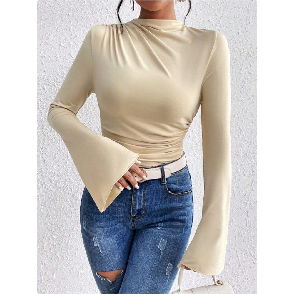 

Жіноча одноколірна блузка з довгим рукавом і плісированою сорочкою з рюшами, вуличний одяг XL абрикосовий