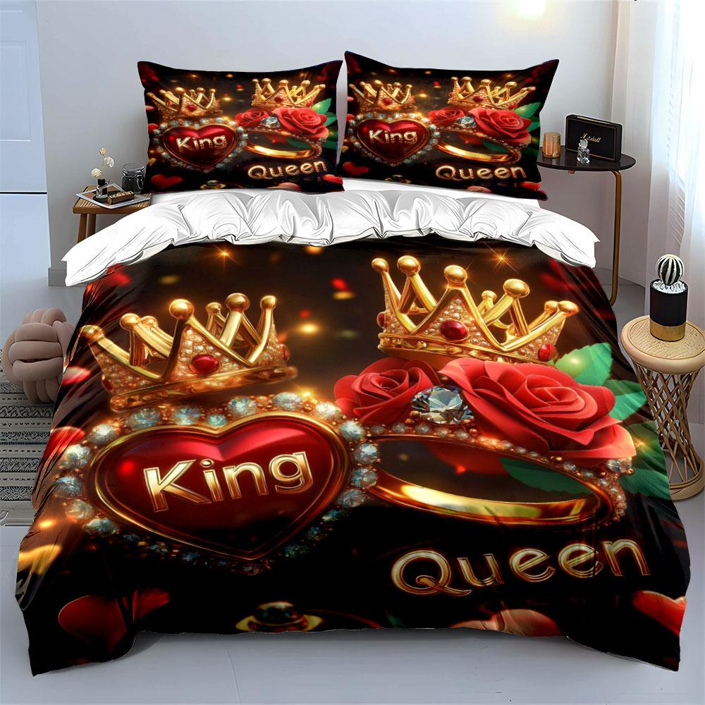 King Queen Golden Crown Red Rose Couple Bedding Set 3pcsLuxury Heart Ring Diamond Print Duvet Cover1 Duvet Cover 2 Pillowcase