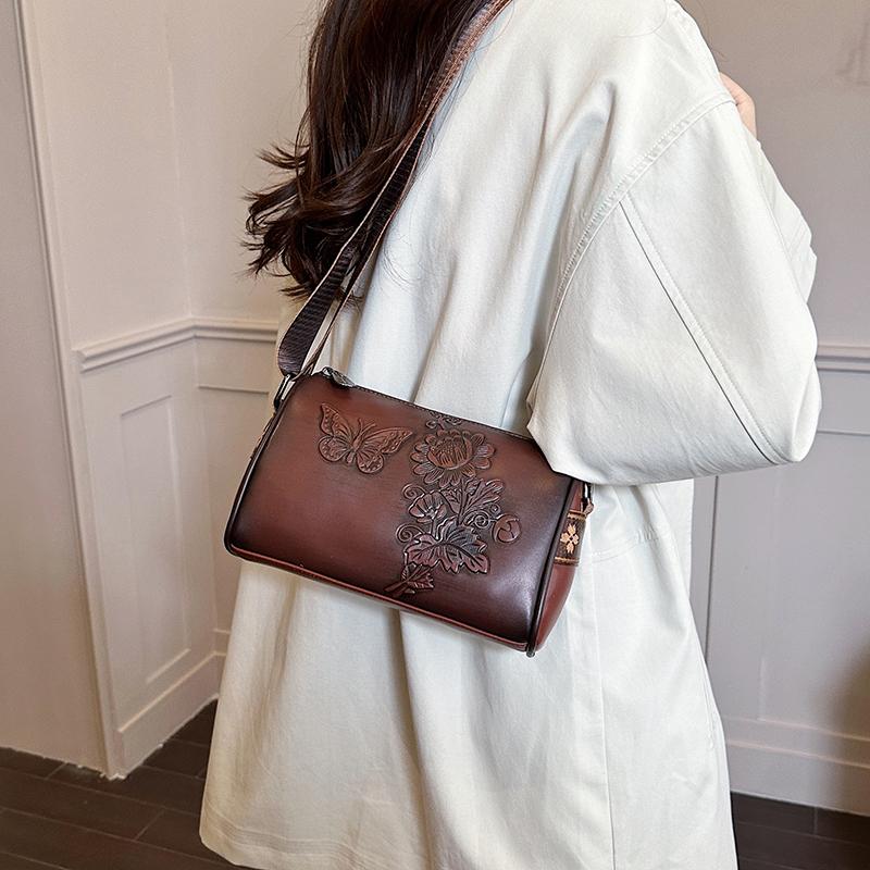 Vintage PU Leather Women Cylinder Crossbody Bag Butterfly Floral Embossed Shoulder Bag Wide Strap Retro Ladies Small Handbag for Daily Shopping