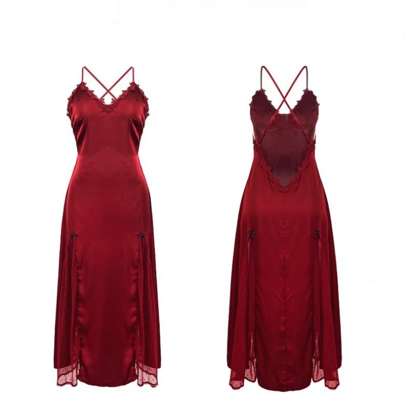French Style Ice Silk Satin Nightgown Sheer Lace Backless Long Cami Pajamas Women's Loungewear Elegant Luxurious Sleepwear for Bridal Honeymoon Use